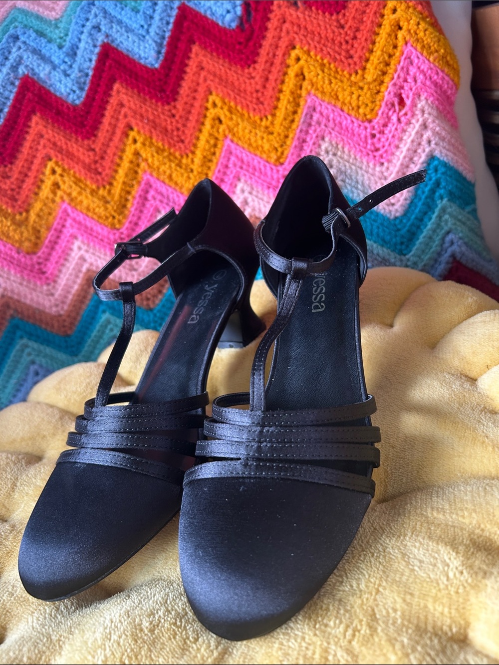 Yessa Black Satin T-Strap Dress Heels with Layered Straps